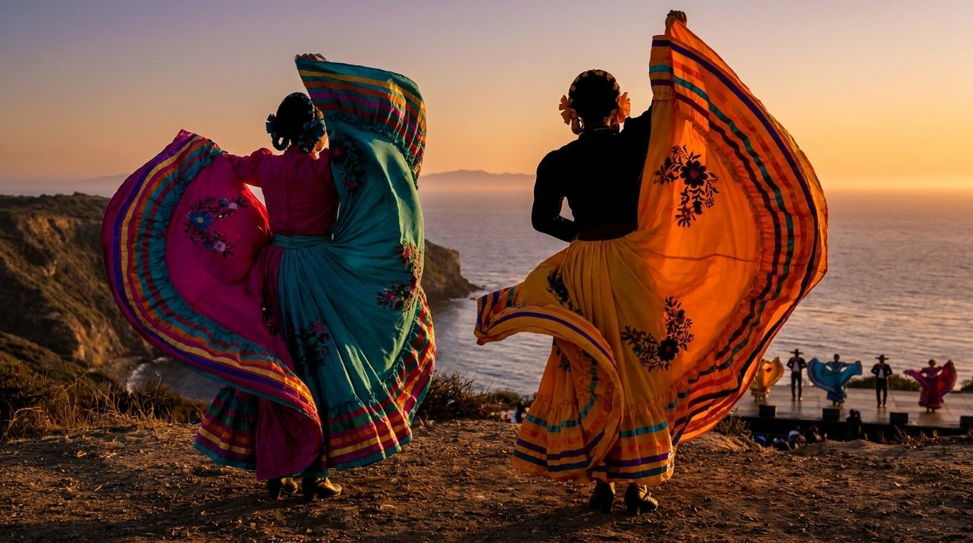 Two folklorico dancers fanning faldas at sunset on the Ventura County coast