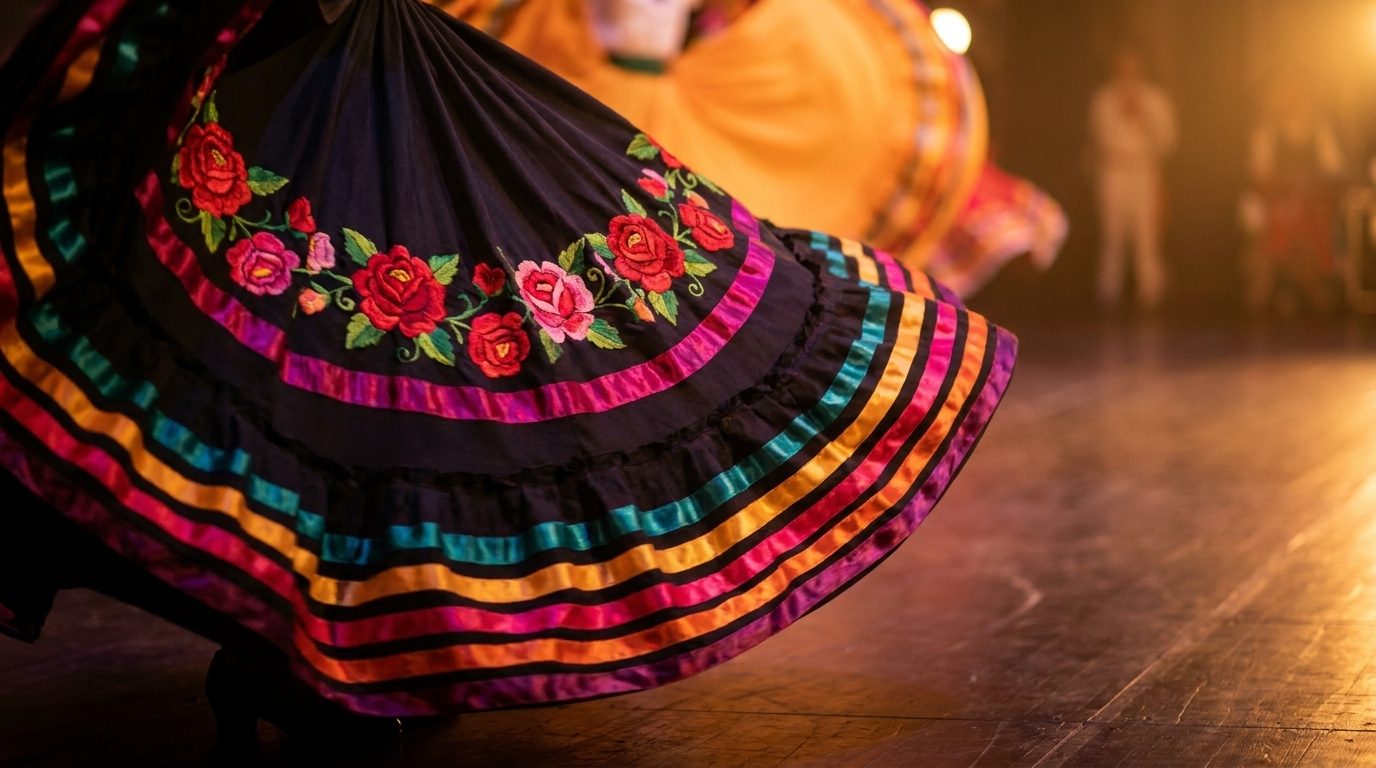 Rose-embroidered folklorico falda fanned mid-swirl under warm stage light