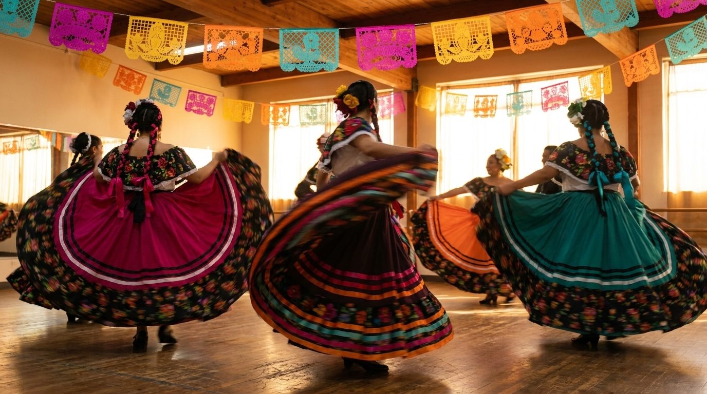 Bailarinas de folklórico girando sus faldas bajo papel picado en un estudio de baile