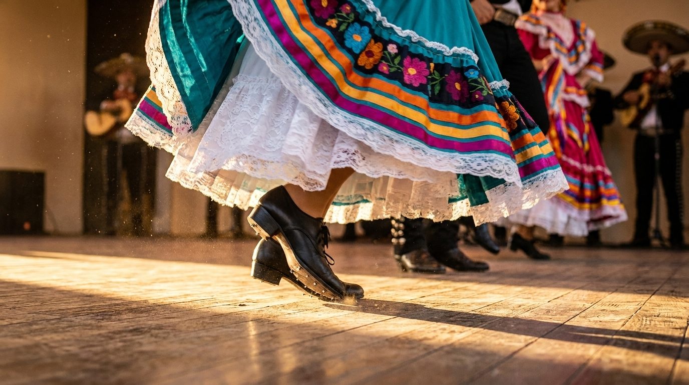 Zapateado footwork mid-stomp beneath a swirling teal folklorico falda and lace petticoat