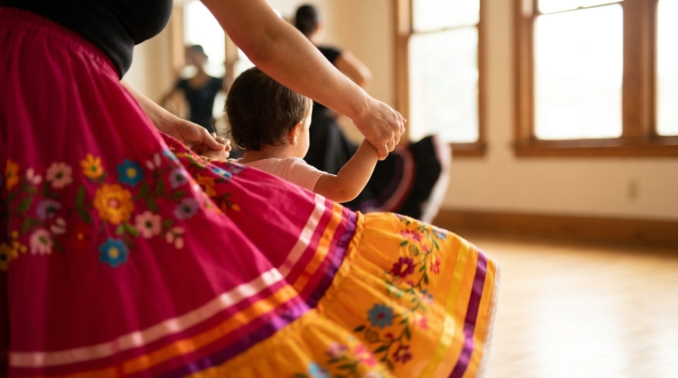 Parent holding a toddler's hands during a folklorico dance class, embroidered faldas in the foreground