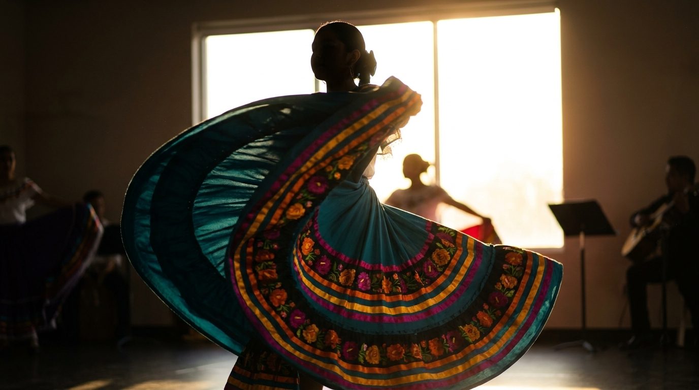 Teen dancer in silhouette fanning a teal folklorico falda in front of a bright studio window
