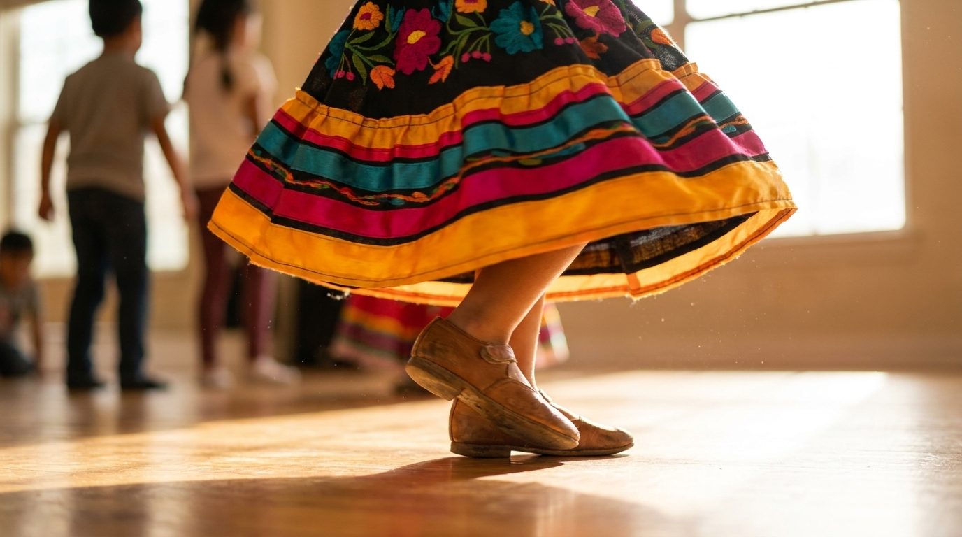 Small folklorico practice skirt twirling over children's dance shoes on a warm studio floor